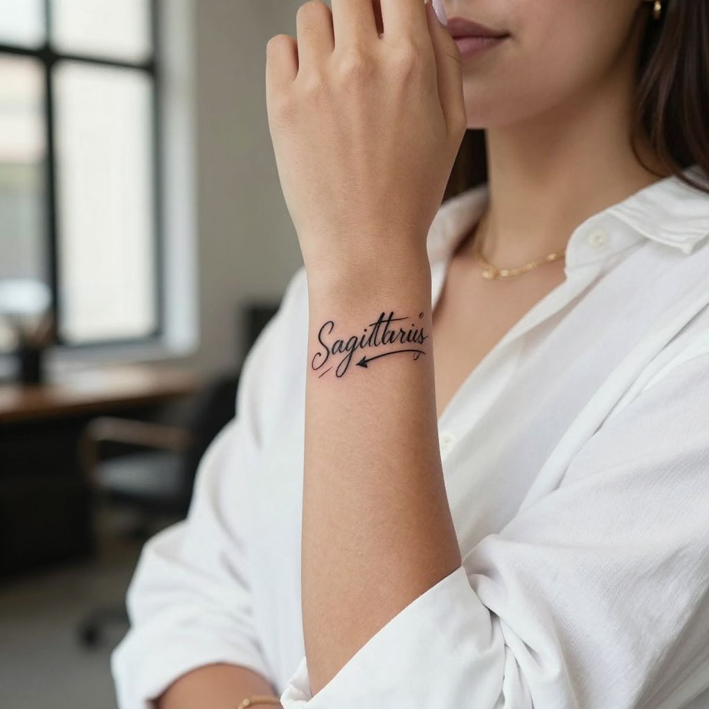 Sagittarius Script With Arrow Tattoo