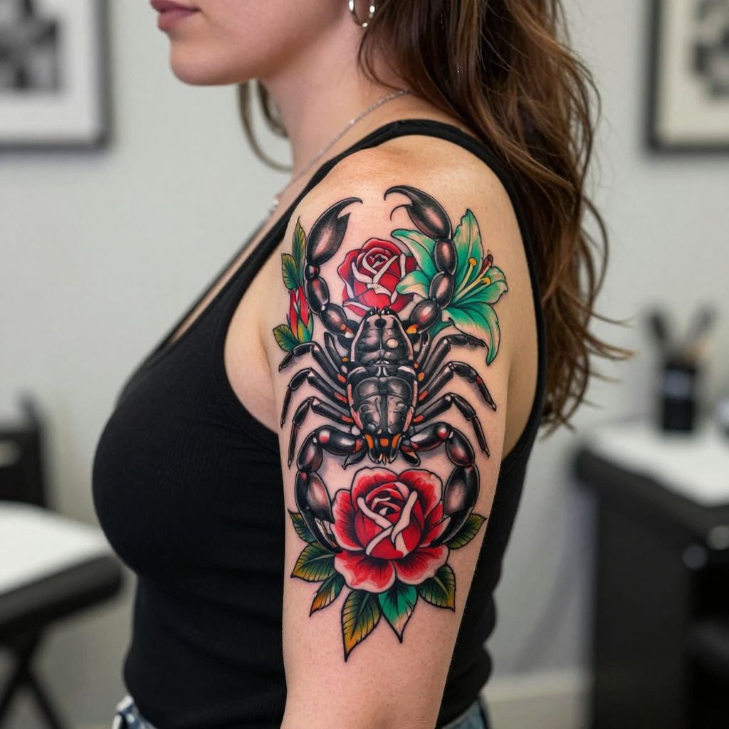 Neo-Traditional Scorpio with Flowers