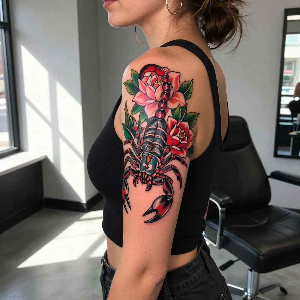Neo-Traditional Scorpion with Flowers