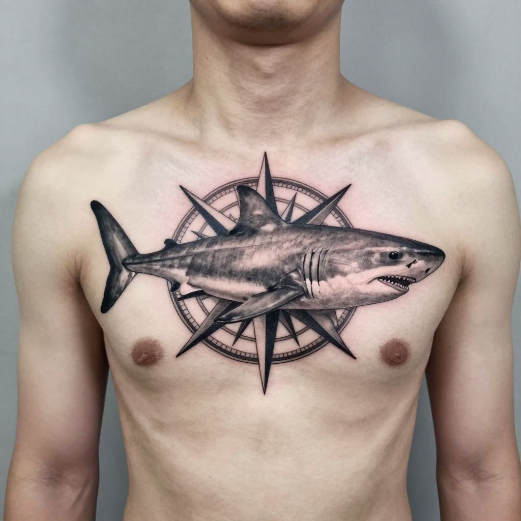Shark with Compass tattoo