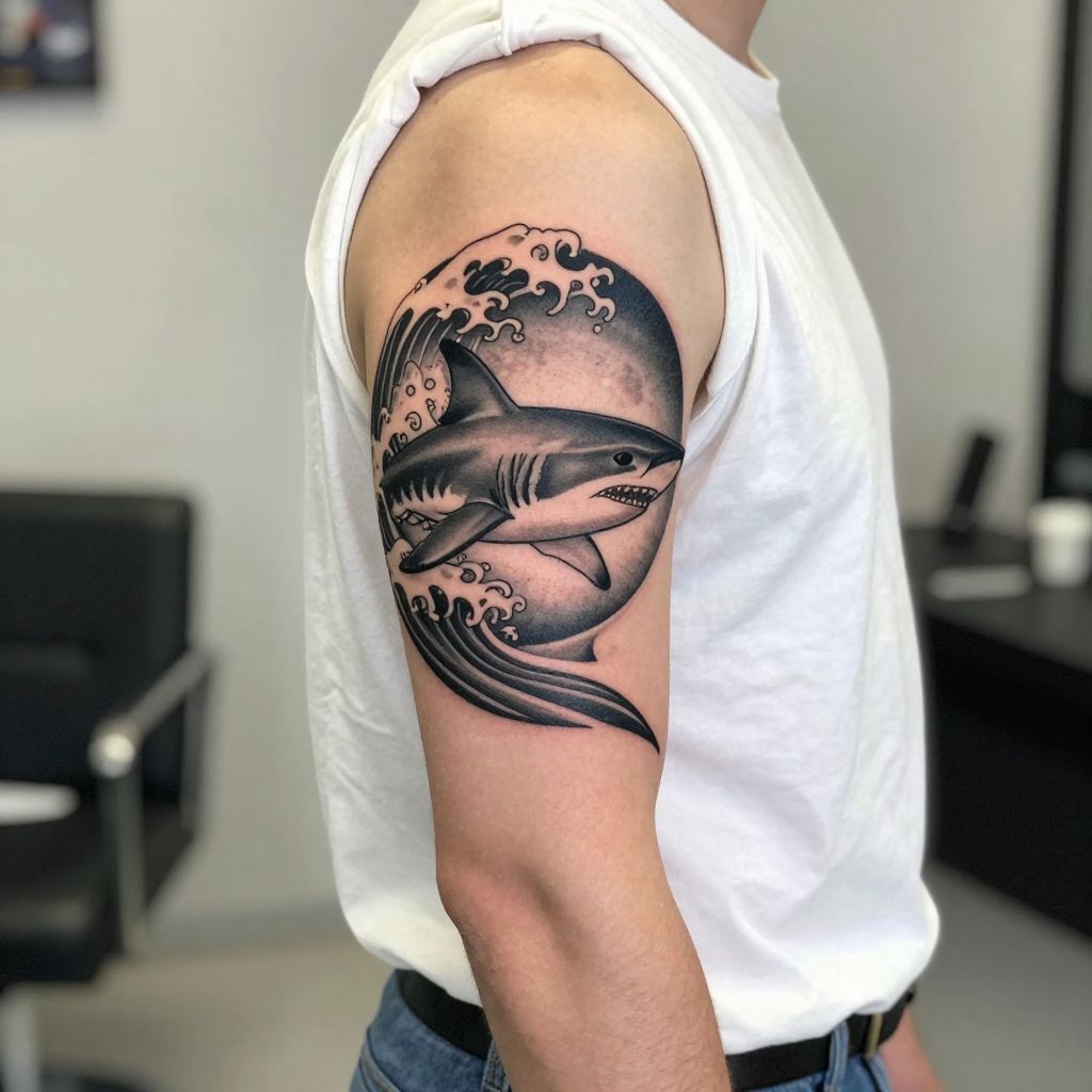 Shark in a Wave Circle tattoo