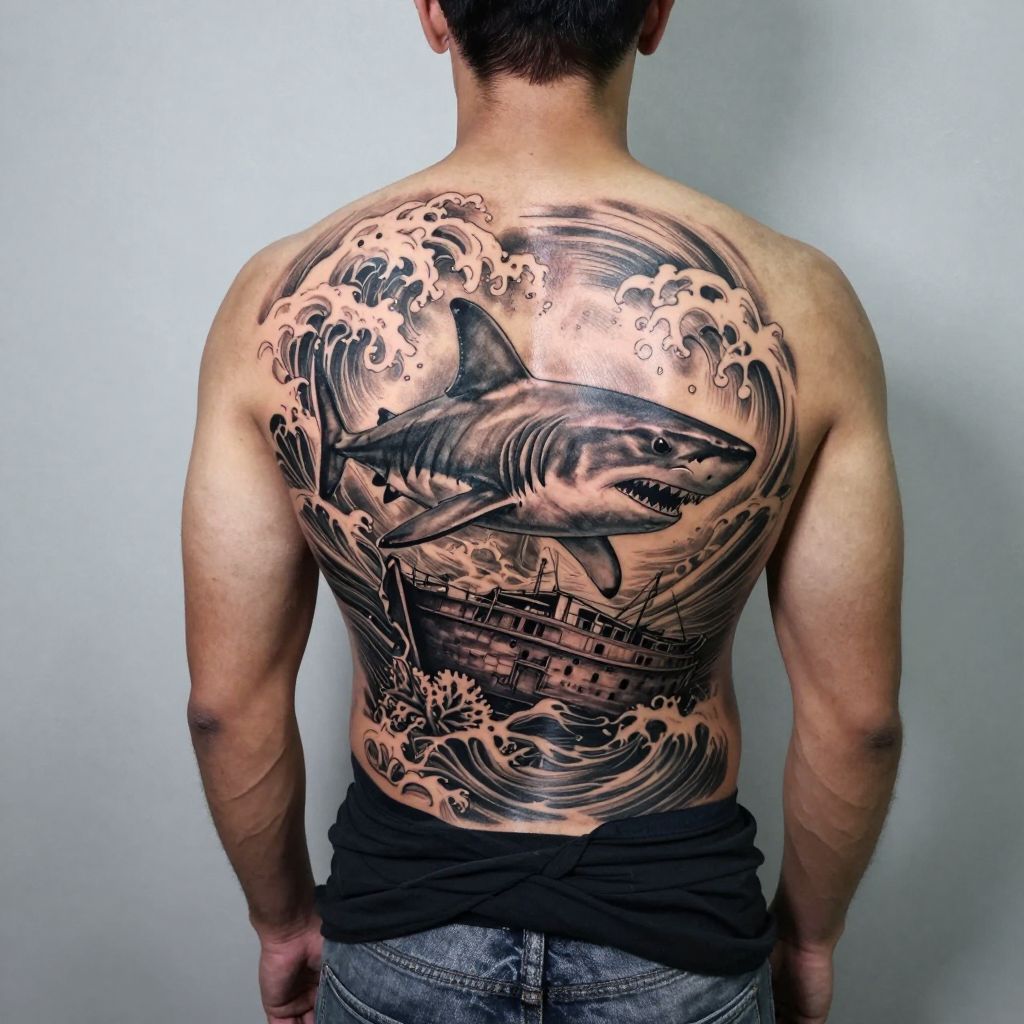 Shark and Shipwreck Scene tattoo