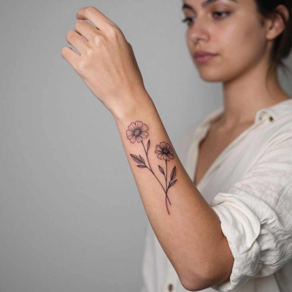 Matching birth flower sprigs sibling tattoo idea