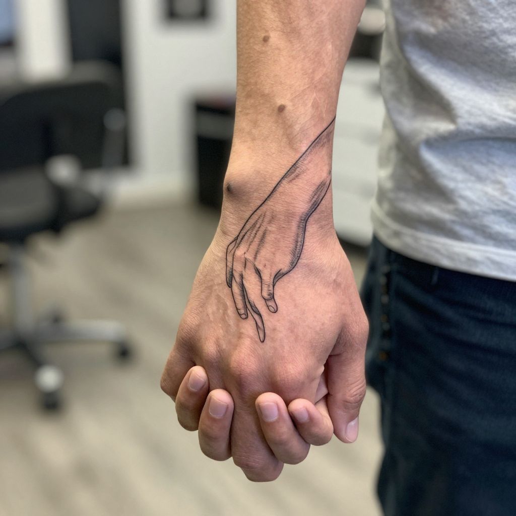 Two hands holding sibling tattoo idea