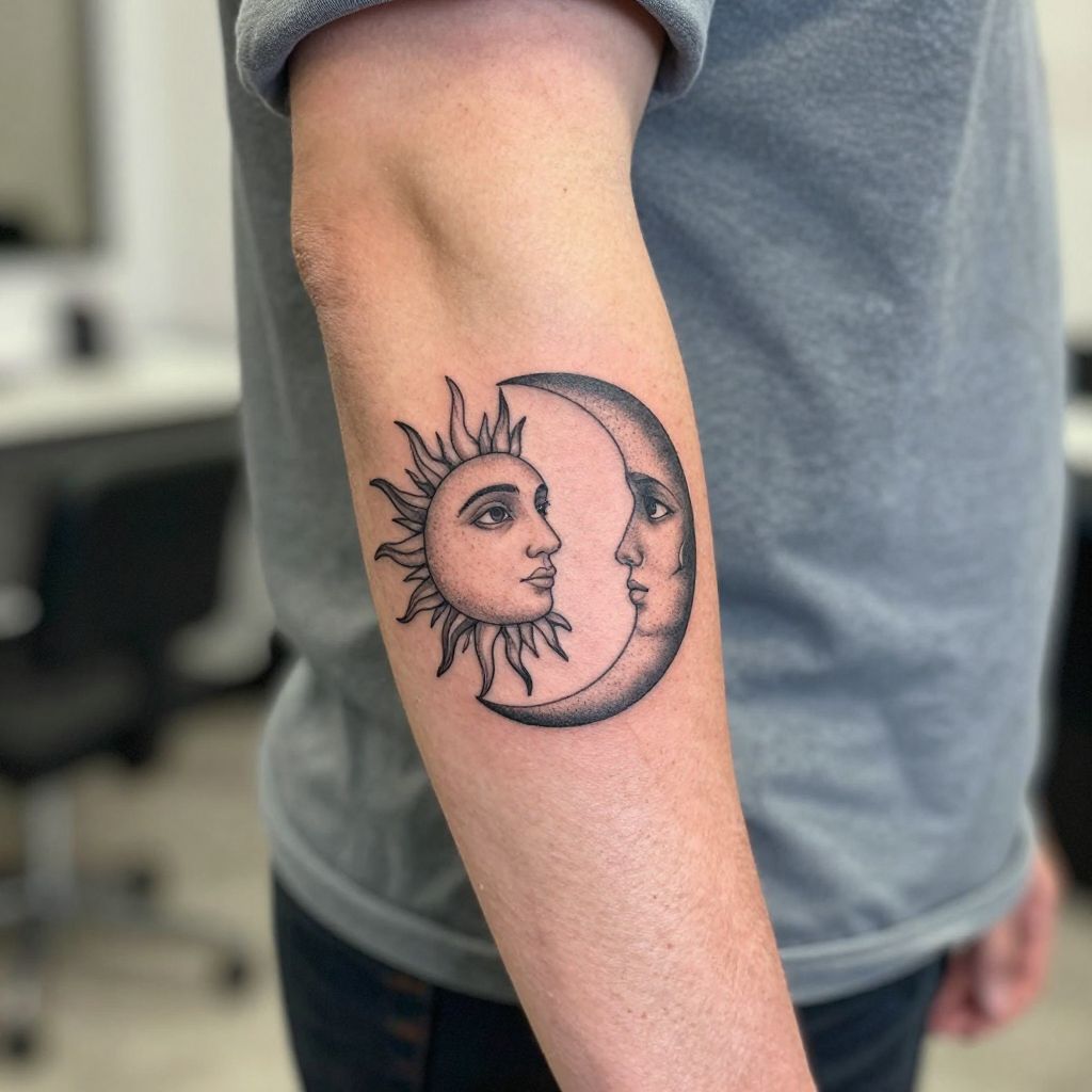 Sun and moon pair sibling tattoo idea