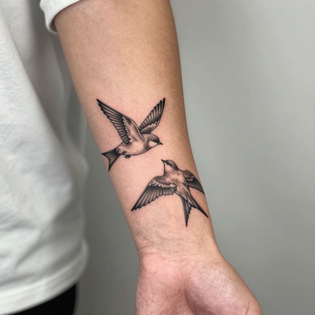 Tiny matching birds sibling tattoo idea
