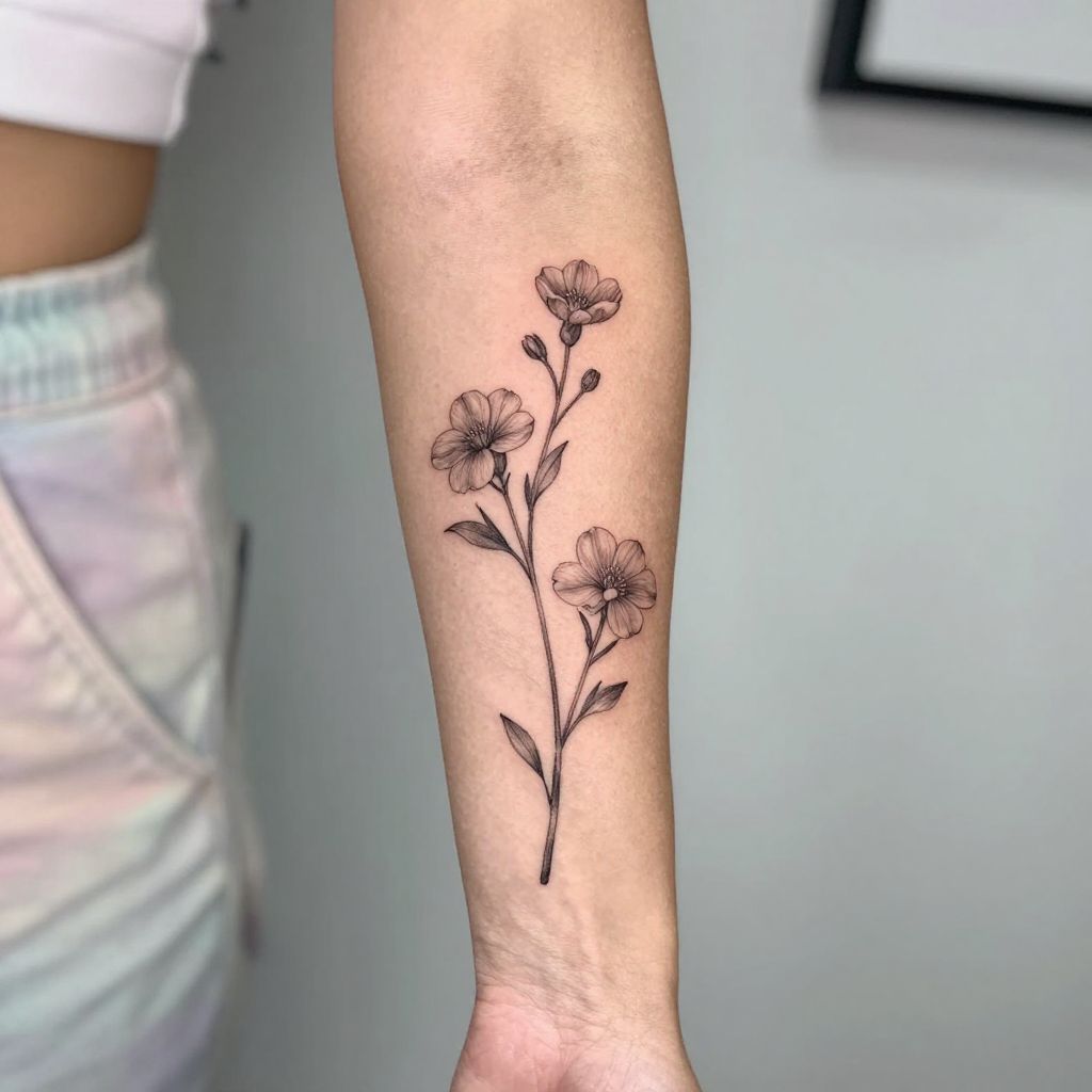 Matching birth flower sprigs sister tattoo idea