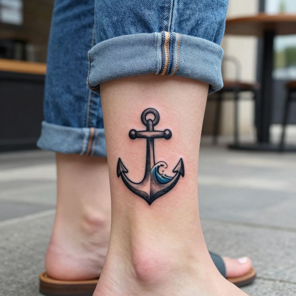 Tiny anchor and wave set sister tattoo idea