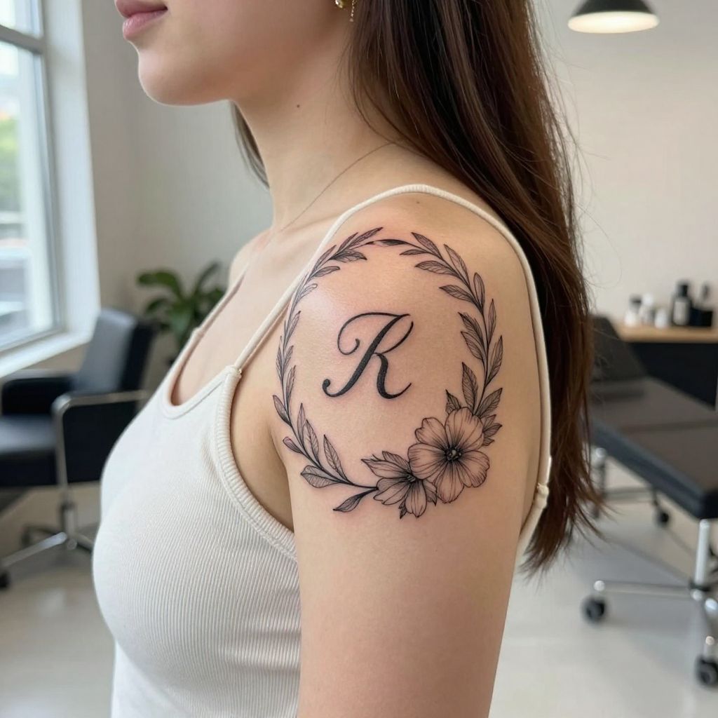Floral wreath with separate initials sister tattoo idea