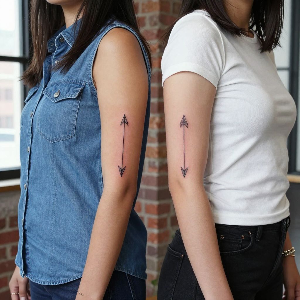 Tiny arrow pair sister tattoo idea