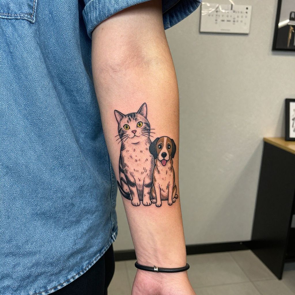 Cat and dog pair sister tattoo idea