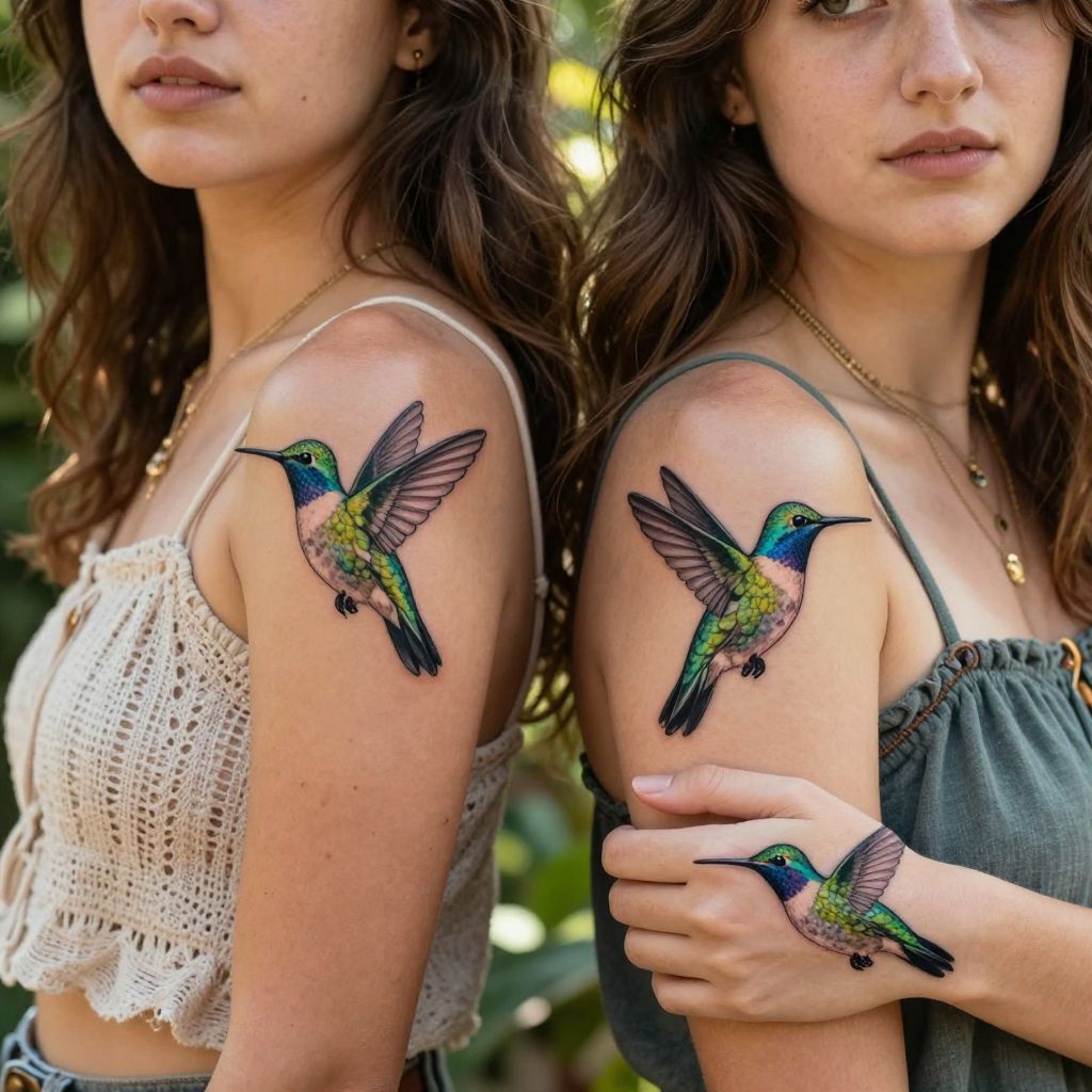 Two hummingbirds in flight sister tattoo idea
