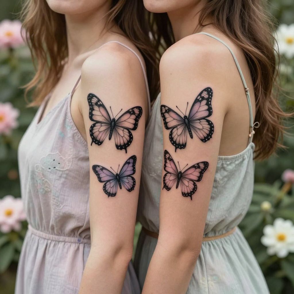Twin butterflies with different details sister tattoo idea