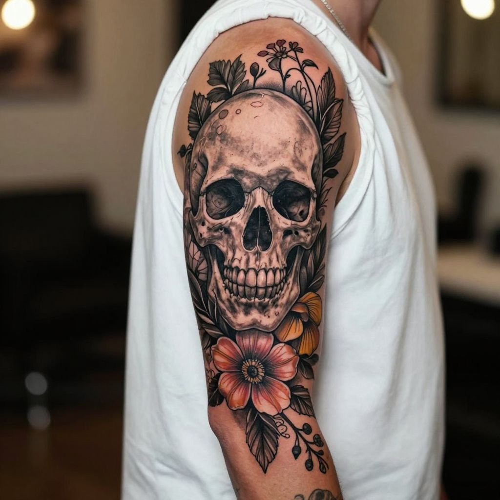 Floral Skull Sleeve Piece tattoo idea