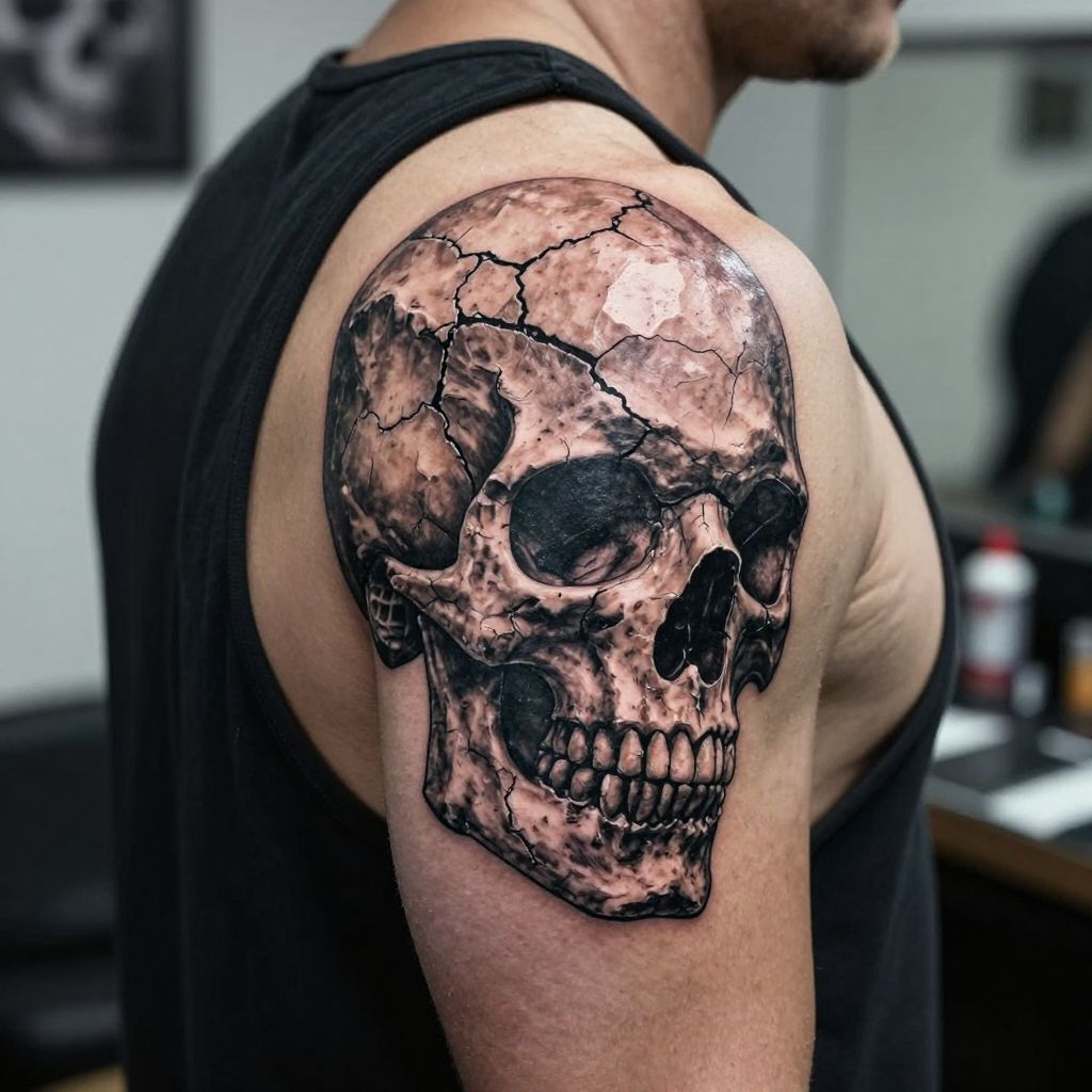 Cracked Stone Skull tattoo idea