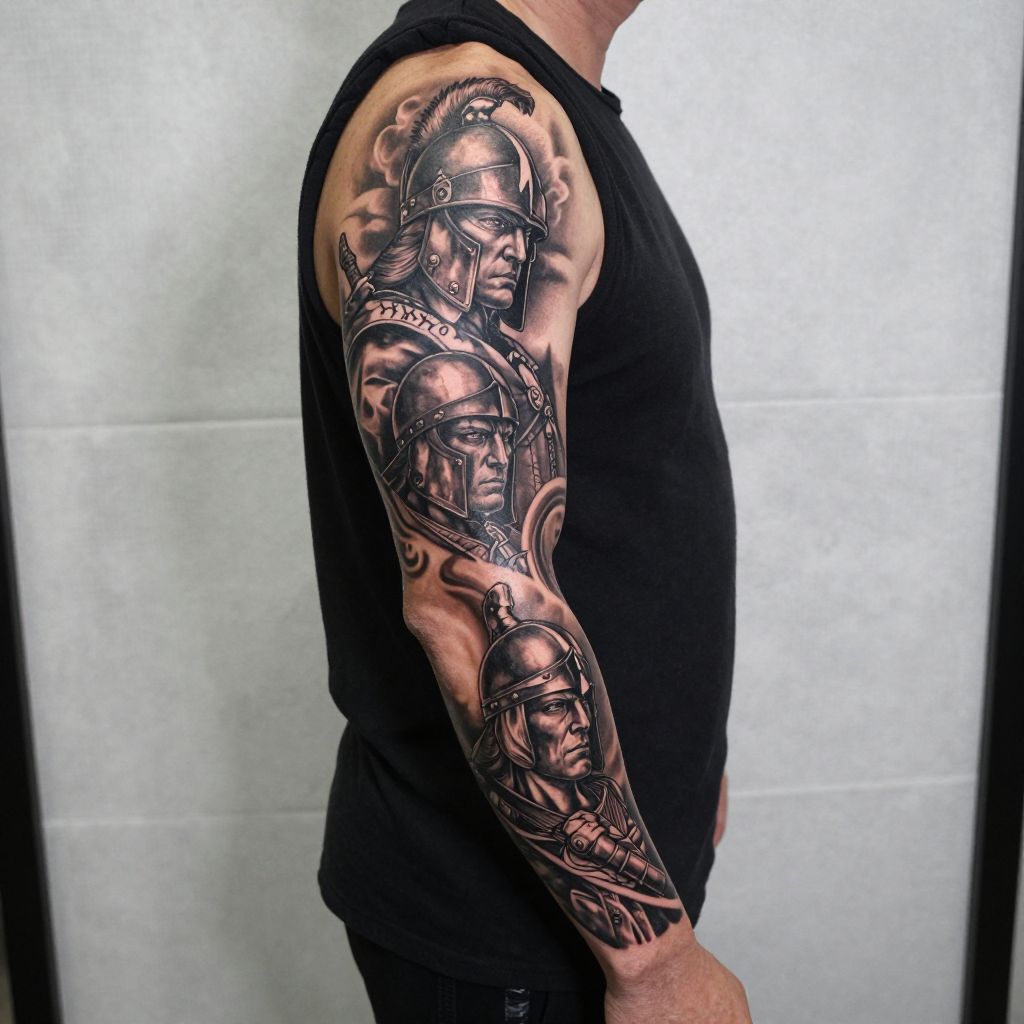 Black and grey warrior sleeve tattoo idea for men