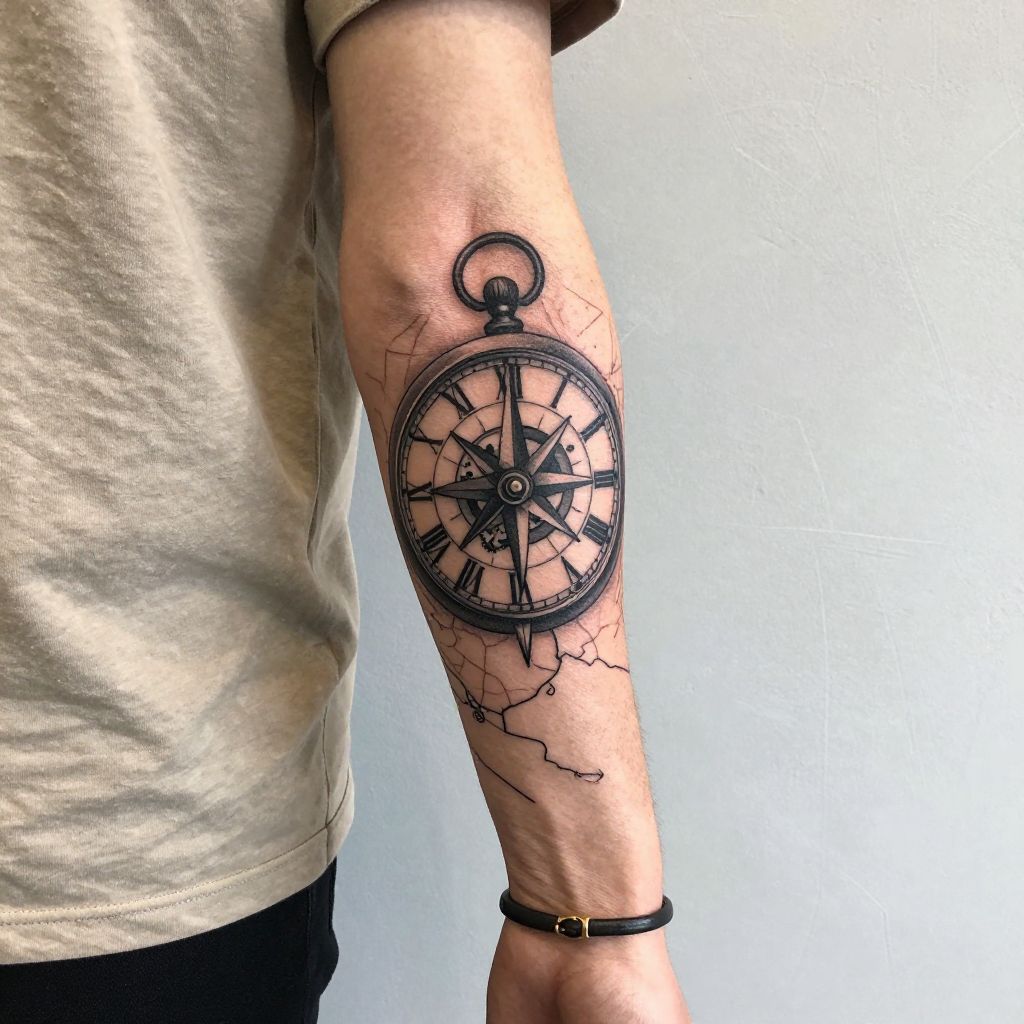 Clock and compass sleeve tattoo idea for men