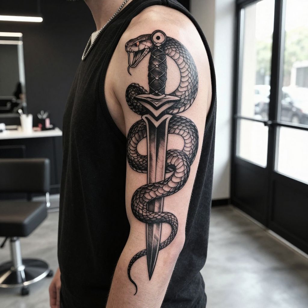 Snake and dagger sleeve tattoo idea for men