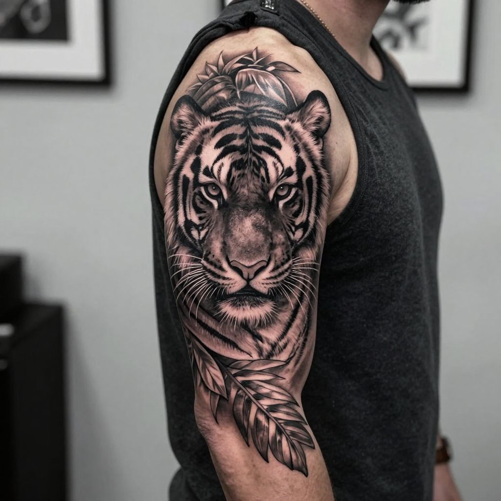 Predatory tiger sleeve tattoo idea for men