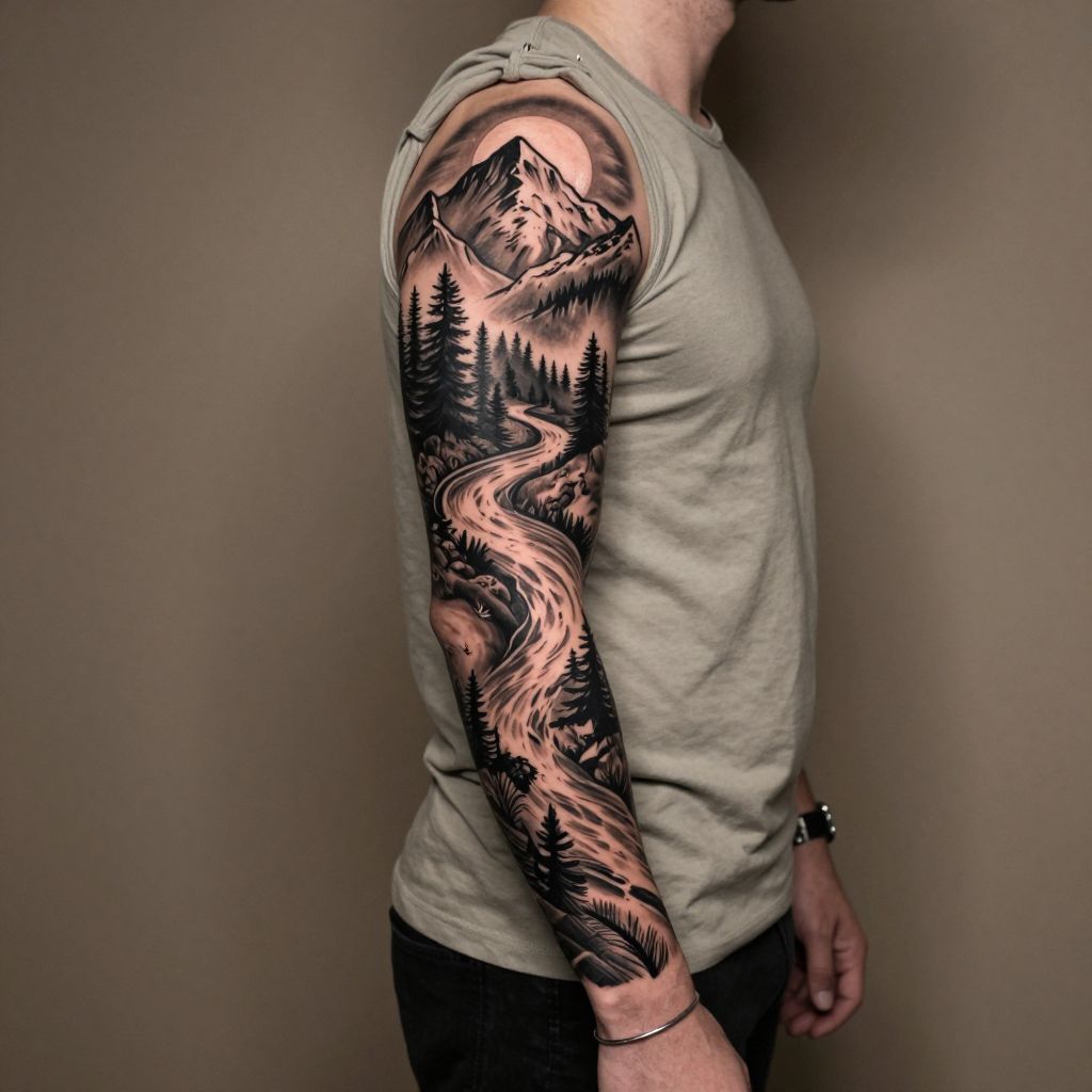 Full nature landscape sleeve tattoo idea for men