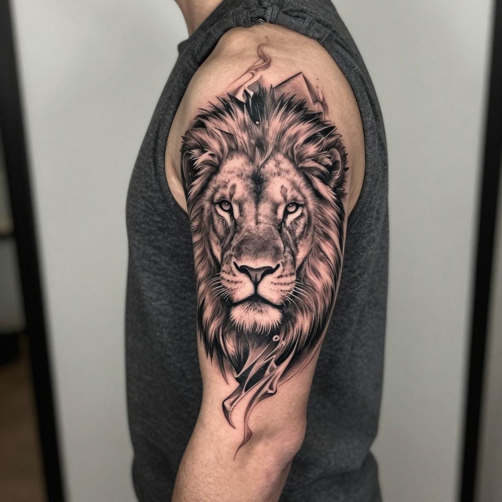 Lion portrait sleeve tattoo idea for men