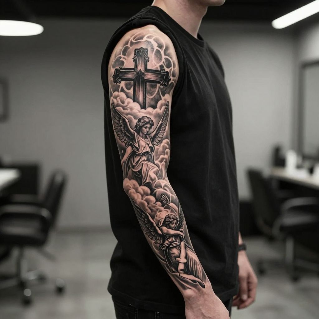 Religious cross and angel sleeve tattoo idea for men