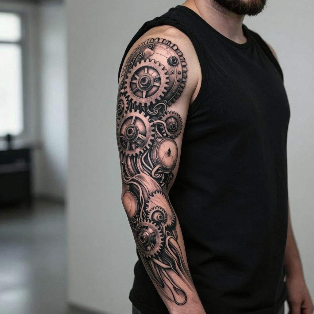 Mechanical and bioorganic sleeve tattoo idea for men