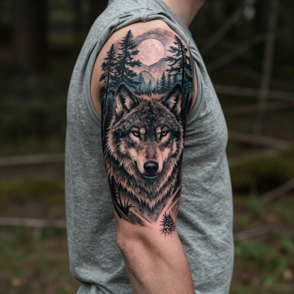 Wolf forest sleeve tattoo idea for men