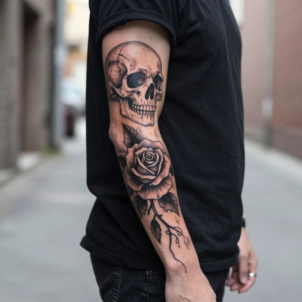 Skull and rose sleeve tattoo idea for men