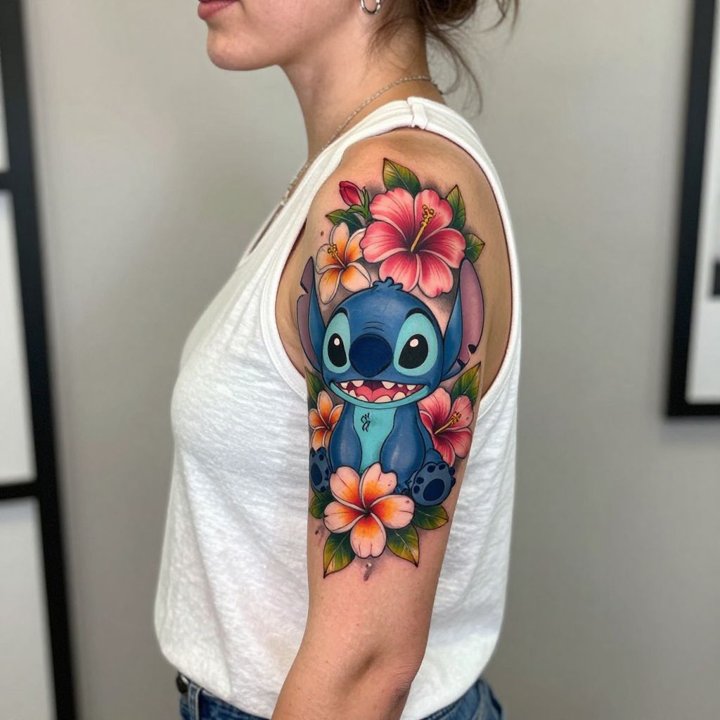 Stitch and Flowers Tattoo