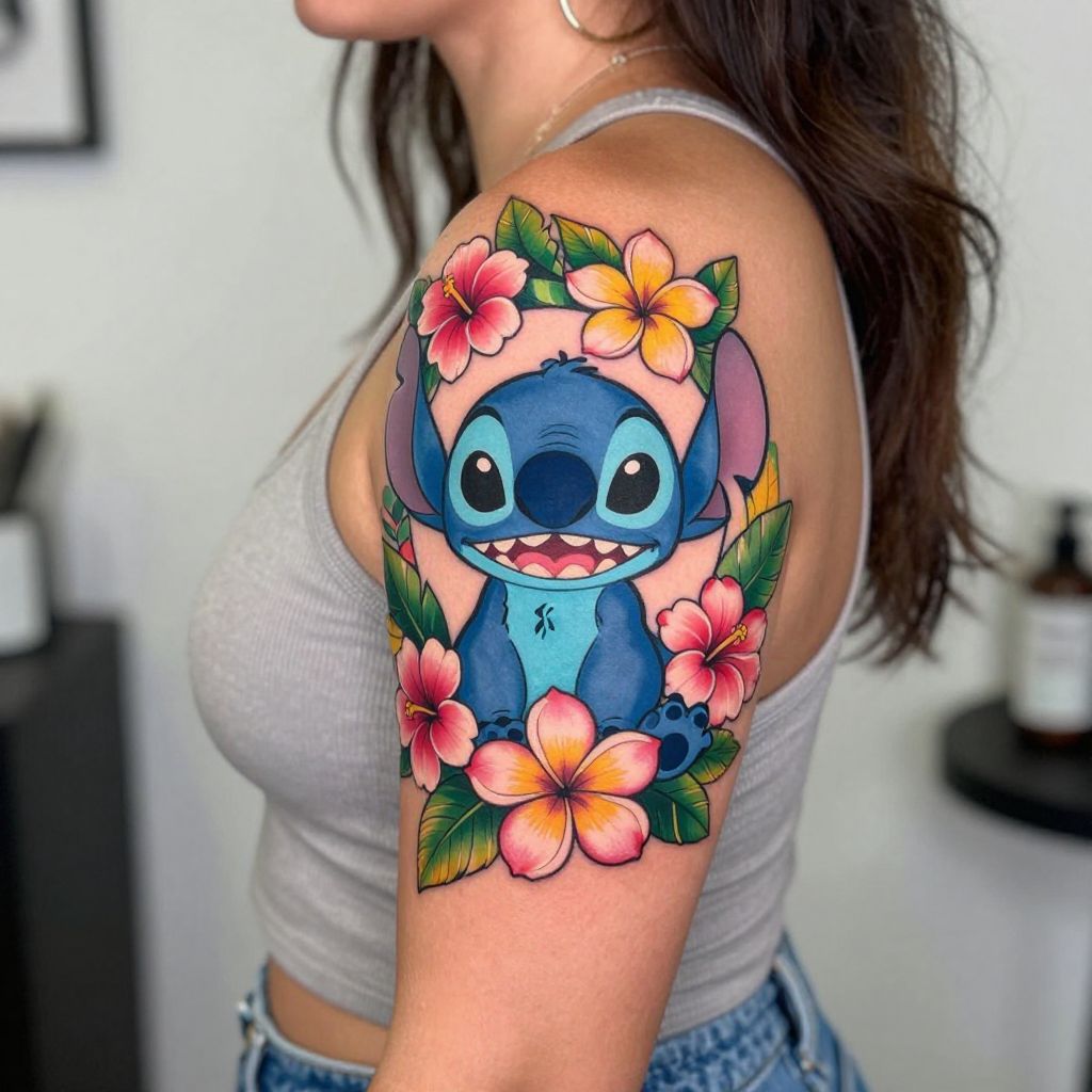Stitch With a Hawaiian Lei Tattoo