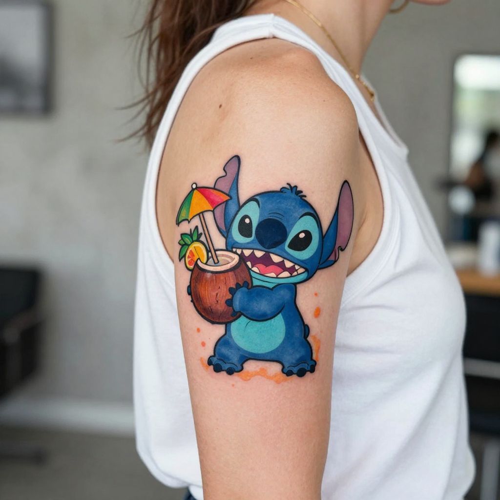 Stitch With a Coconut Drink Tattoo
