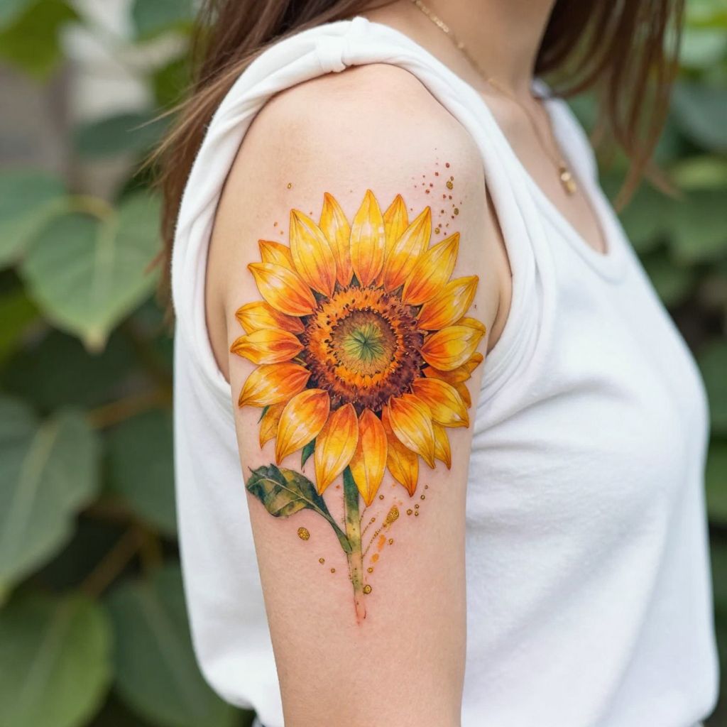 Watercolor Sunflower Splash tattoo idea