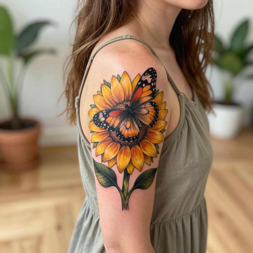 Sunflower And Butterfly tattoo idea