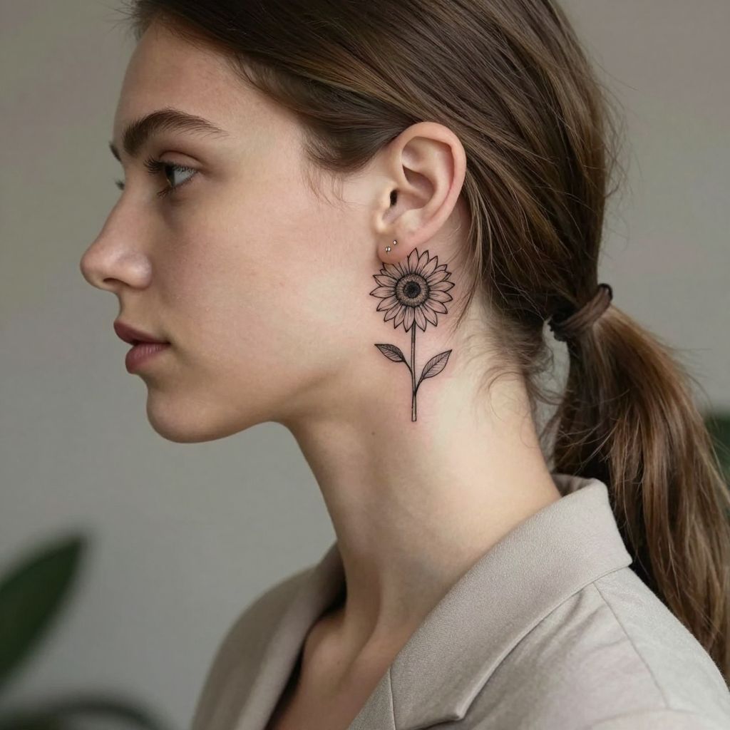 Tiny Sunflower Behind The Ear tattoo idea