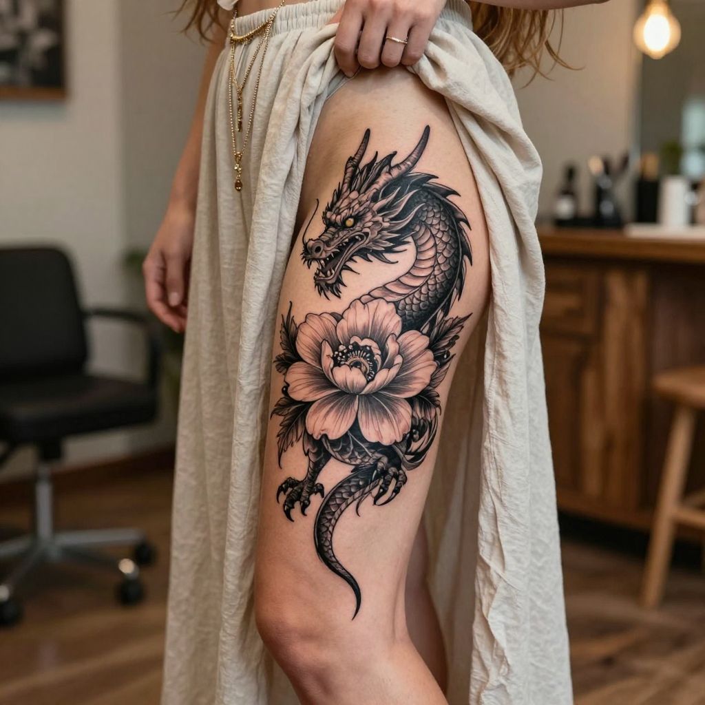 thigh tattoo ideas dragon wrapped around a flower