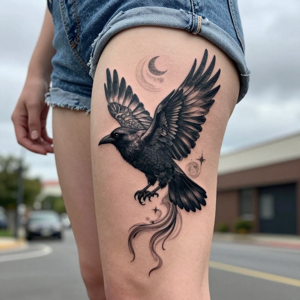 thigh tattoo ideas raven in flight