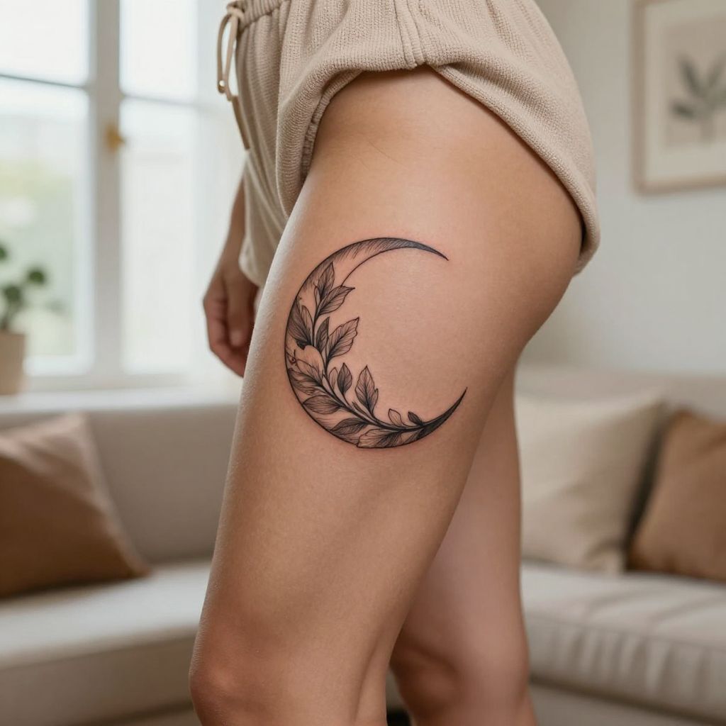 thigh tattoo ideas botanical crescent moon