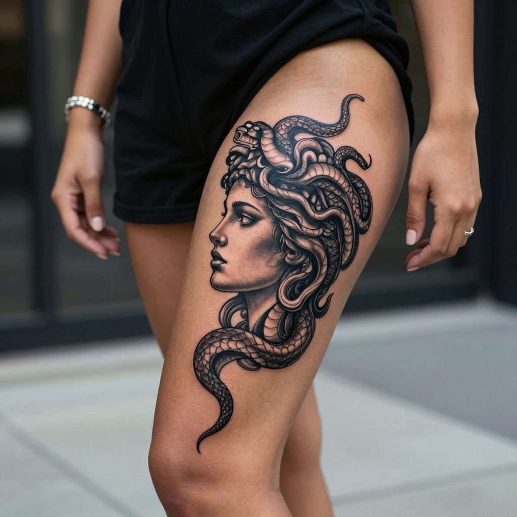 thigh tattoo ideas medusa profile