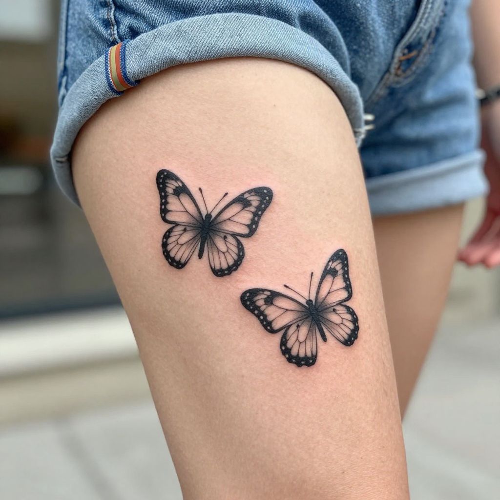 thigh tattoo ideas minimal butterfly pair