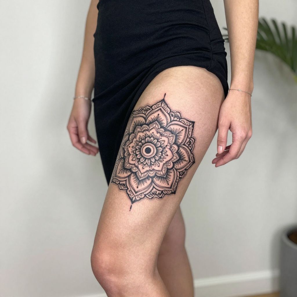 thigh tattoo ideas ornamental mandala panel