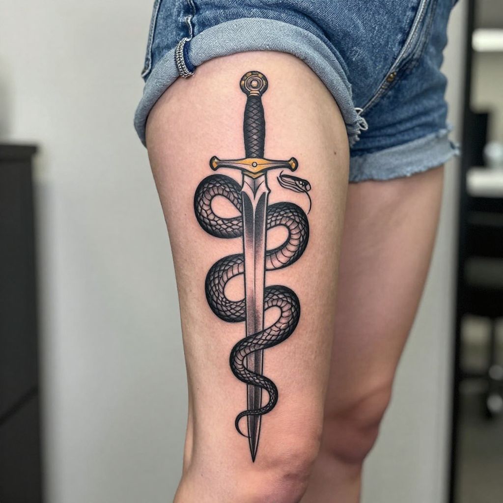 thigh tattoo ideas serpentine sword