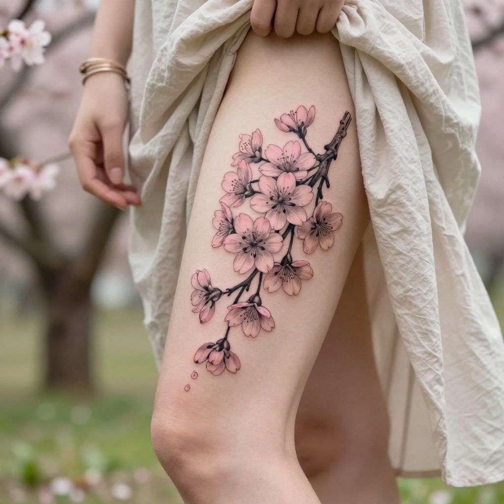 thigh tattoo ideas cherry blossom drift
