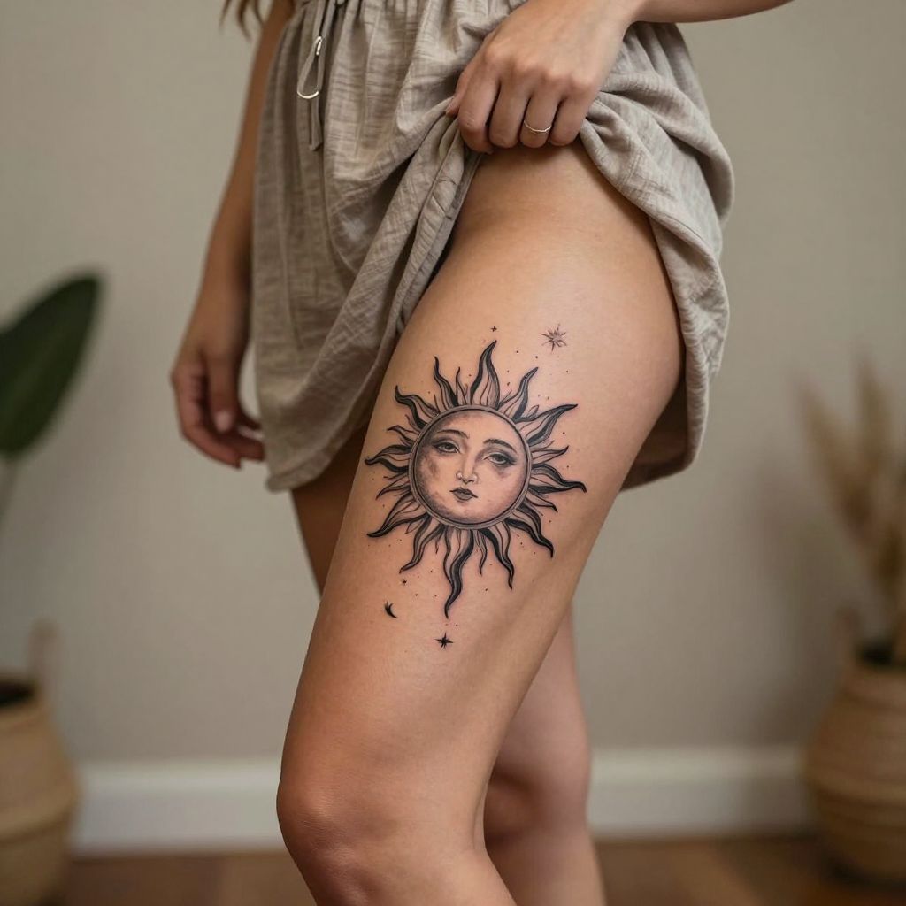 thigh tattoo ideas sun and moon balance
