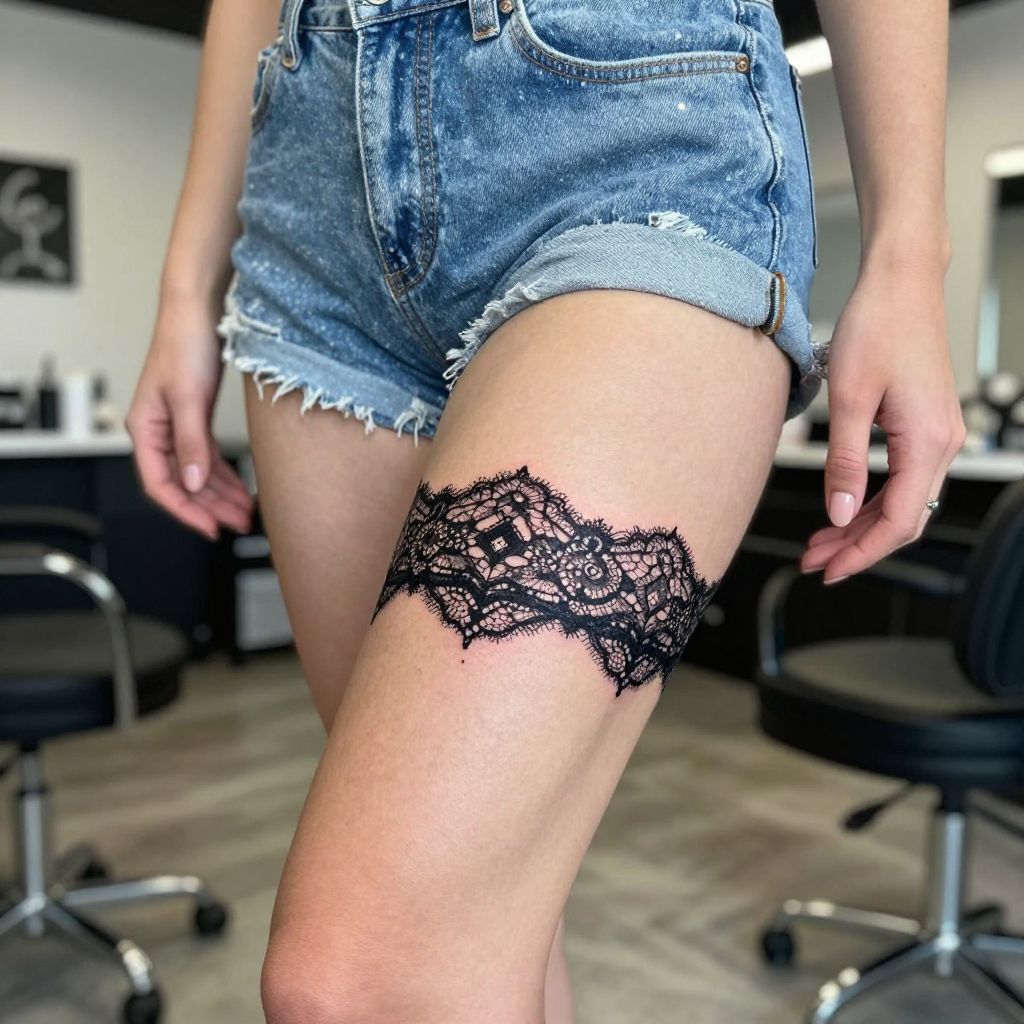 thigh tattoo ideas lace garter illusion
