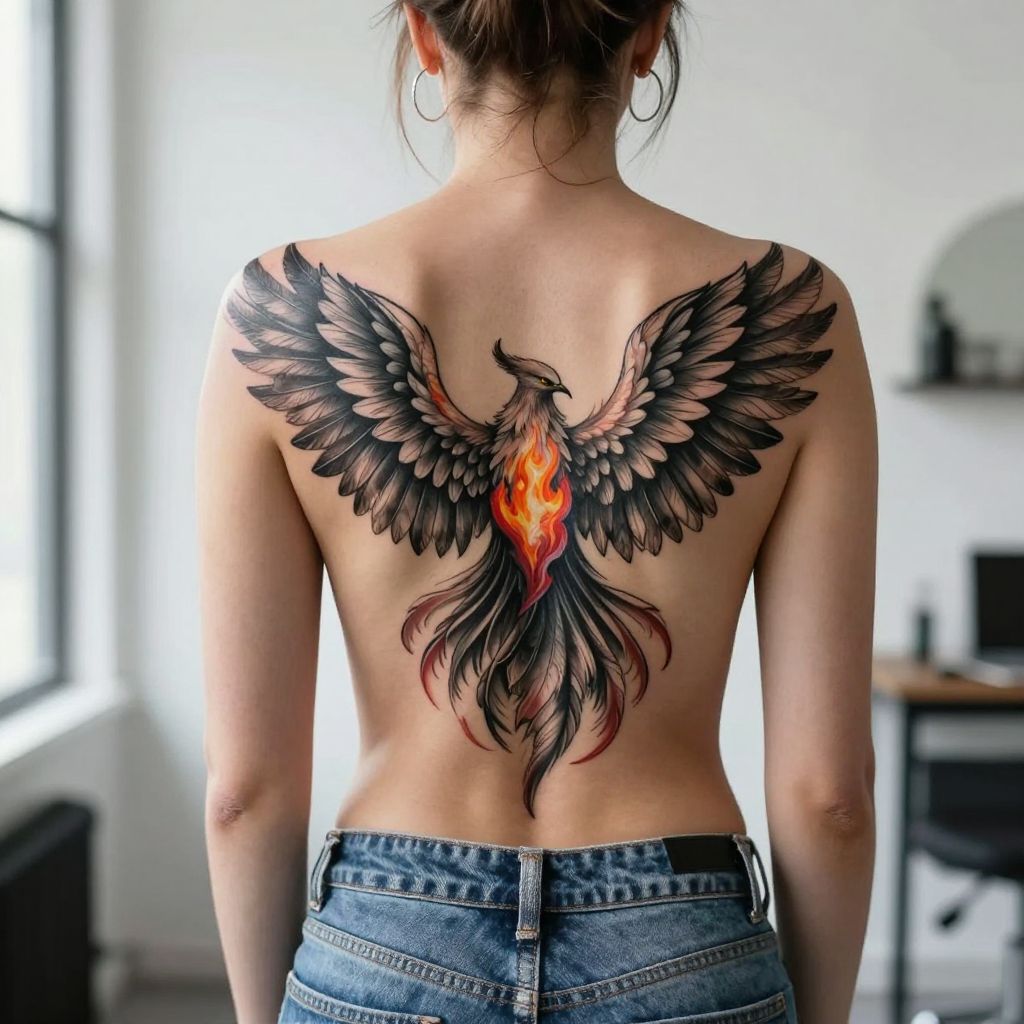 Phoenix wings spread wide tramp stamp tattoo idea