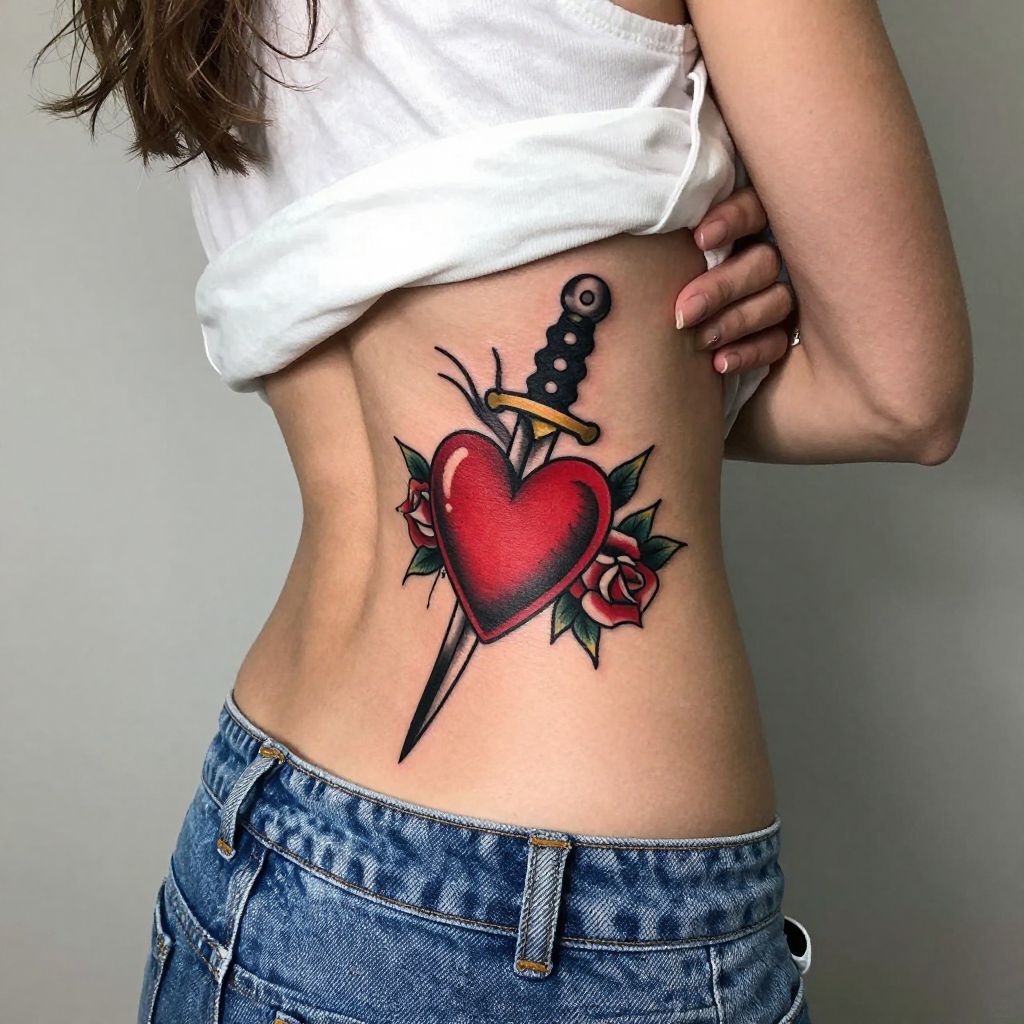 Heart and dagger emblem tramp stamp tattoo idea