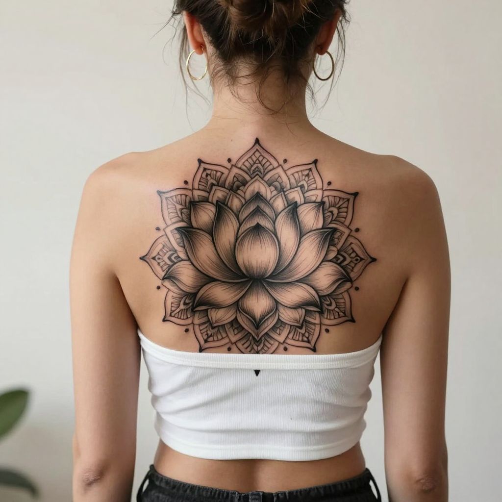 Lotus bloom with mandala accents tramp stamp tattoo idea