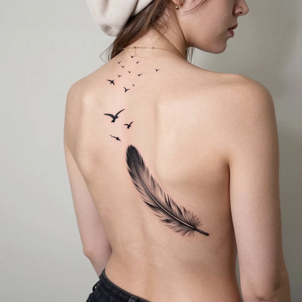 Feather with floating birds tramp stamp tattoo idea