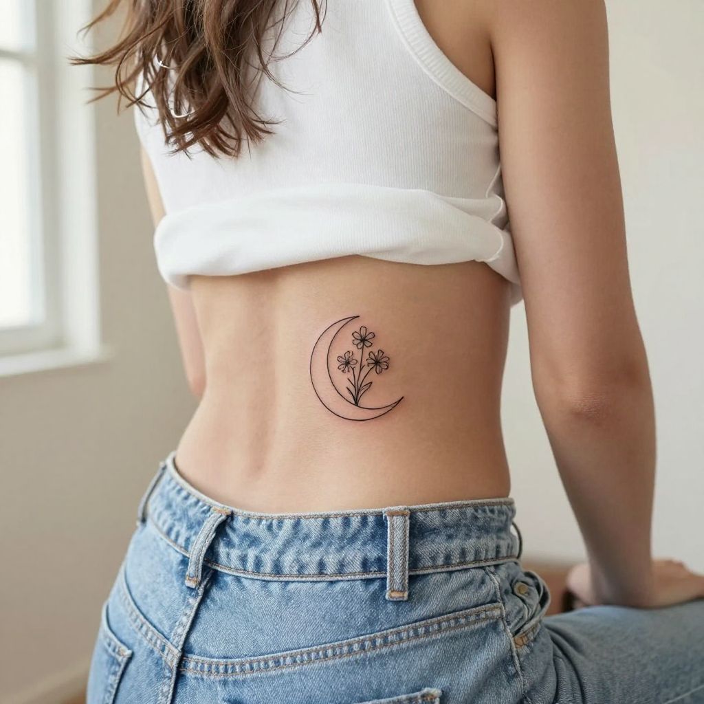 Minimal crescent flower linework tramp stamp tattoo idea